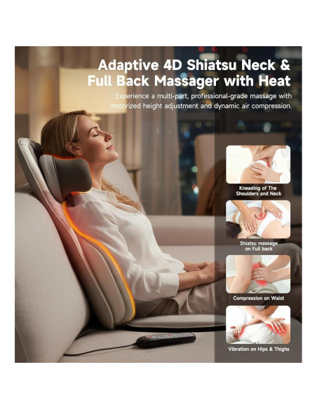 Almohadilla de Masaje Shiatsu Elite con Calor - 4D, Vibración, Compresión