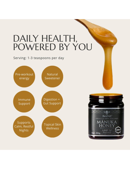 Miel de Manuka Cruda BeeNZ UMF 15+ 250g - Superalimento Natural