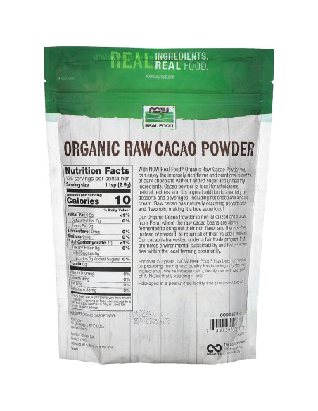 Polvo de Cacao Crudo Orgánico NOW Foods 340g Sabor Rico