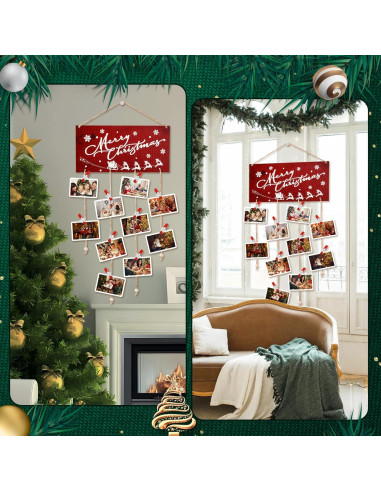 Soporte de Tarjetas Navideñas Aucpod Madera Rojo 30 Clips