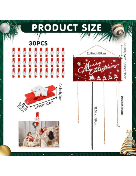 Soporte de Tarjetas Navideñas Aucpod Madera Rojo 30 Clips