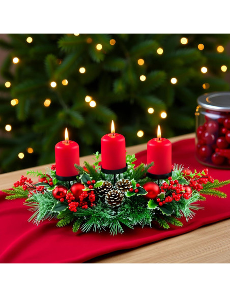 Candelabro Triple de Navidad YULETIME 71 cm con Adornos Rojos