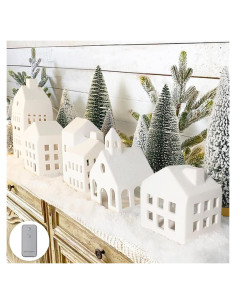 Conjunto de Pueblo Navideño 5 Casas Cerámica Iluminadas Control Remoto