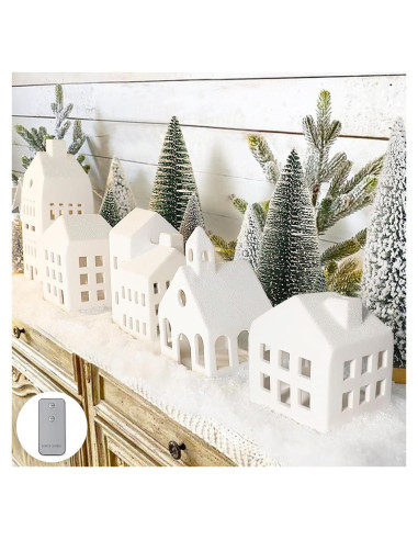 Conjunto de Pueblo Navideño 5 Casas Cerámica Iluminadas Control Remoto
