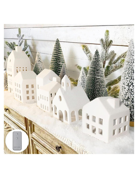 Conjunto de Pueblo Navideño 5 Casas Cerámica Iluminadas Control Remoto