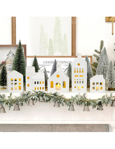 Conjunto de Pueblo Navideño 5 Casas Cerámica Iluminadas Control Remoto