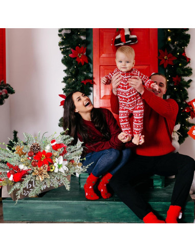 Centro de Mesa Navideño Dlerom con Poinsettia y Berries Rojas