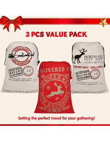 JOYIN 3 Bolsas de Regalo de Lona Navidad 66x48cm Reutilizables