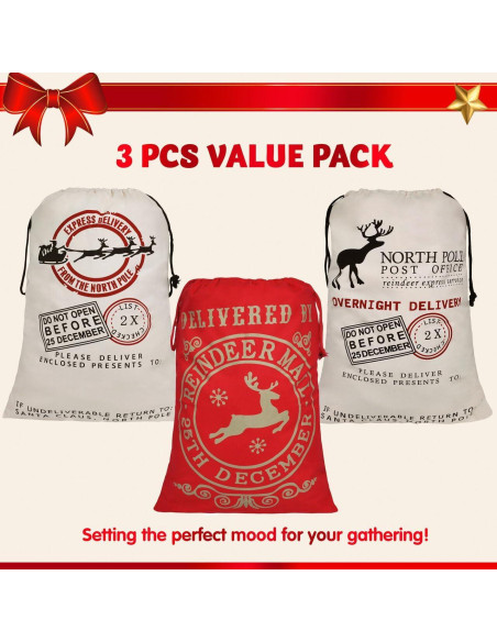 JOYIN 3 Bolsas de Regalo de Lona Navidad 66x48cm Reutilizables