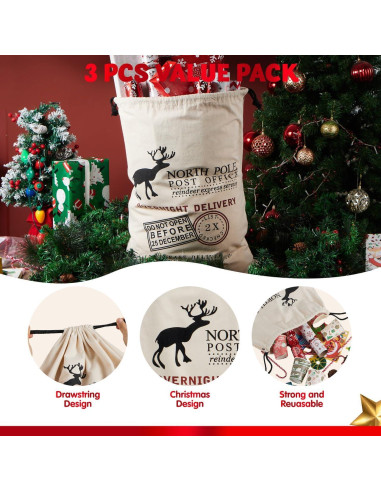 JOYIN 3 Bolsas de Regalo de Lona Navidad 66x48cm Reutilizables