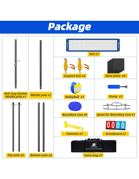 Conjunto de Red de Voleibol Profesional OKKMAX BIUE 9.75m x 0.91m