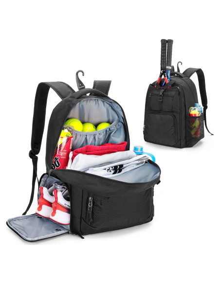 Mochila de Tenis DSLEAF para 2 Raquetas y Zapatos - Negro