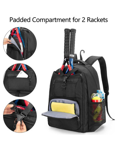 Mochila de Tenis DSLEAF para 2 Raquetas y Zapatos - Negro