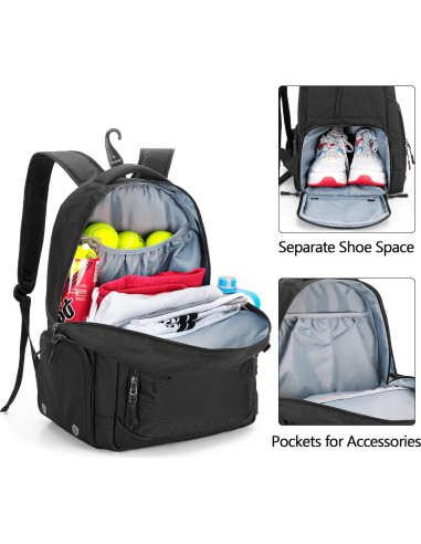 Mochila de Tenis DSLEAF para 2 Raquetas y Zapatos - Negro