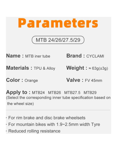 2 Tubos Interiores de Bicicleta CYCLAMI 29" TPU Válvula Presta