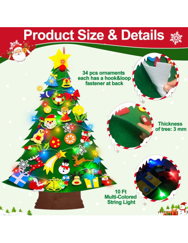 Árbol de Navidad de Fieltro Camlinbo 1.1m DIY con Luces y 34 Adornos