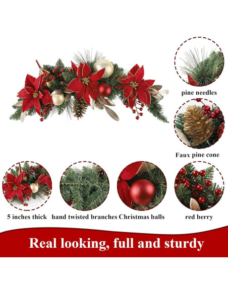 Adorno Navideño Poinsettia SHACOS 76cm Verde Rojo Artificial