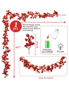 Guirnalda de Baya Roja Iluminada Syhood 1.83m Navidad 2