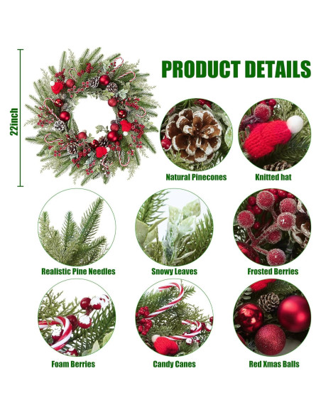 Corona de Navidad Artificial 55.88 cm Sggvecsy Verde y Rojo