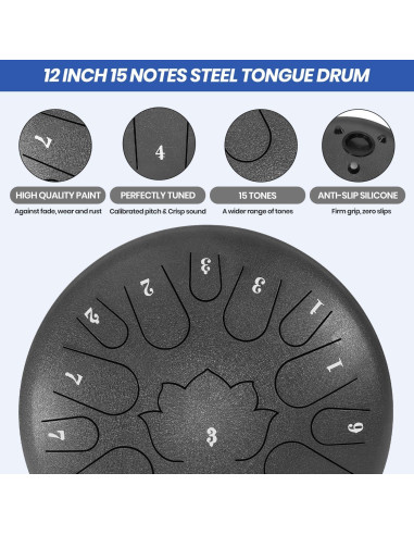 Tambor de Lengua de Acero Weipoken 12" 15 Notas Negro