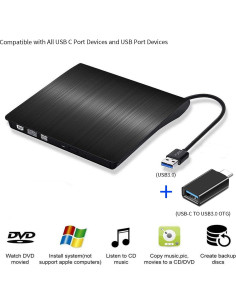 Unidad de CD externa YMY portátil USB3.0/USB-C 2 en 1 negra 2