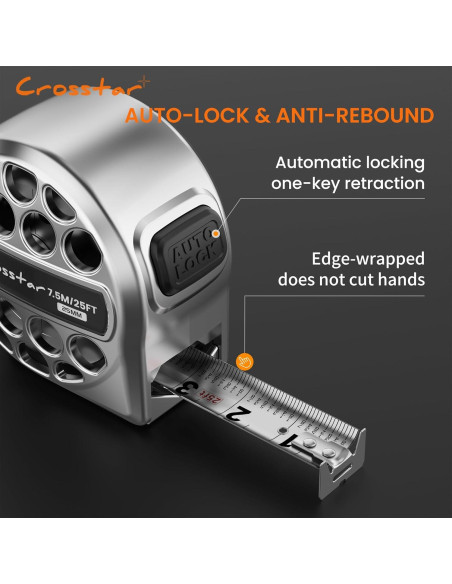 Cinta Métrica Autocierre 7.62m Crosstar Doble Cara Acero Inoxidable