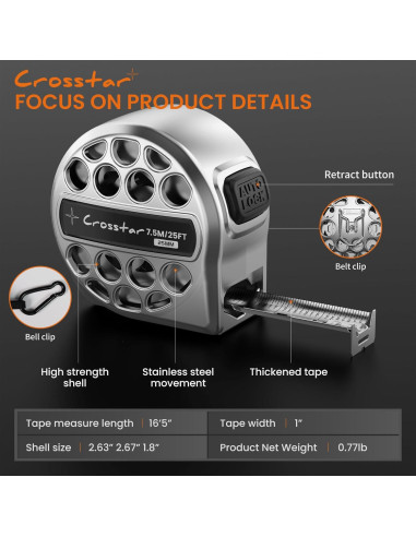Cinta Métrica Autocierre 7.62m Crosstar Doble Cara Acero Inoxidable