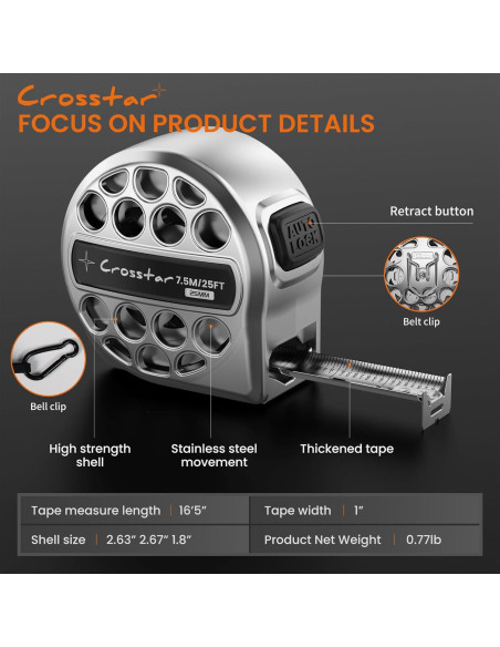 Cinta Métrica Autocierre 7.62m Crosstar Doble Cara Acero Inoxidable