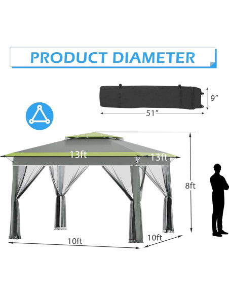 Carpa Pop Up ECOTOUGE 3.96x3.96m con Mosquiteros Gris-Verde