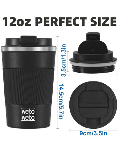 Taza de Café Aislada WETOWETO 12 oz Acero Inoxidable Negro