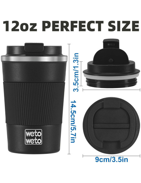Taza de Café Aislada WETOWETO 12 oz Acero Inoxidable Negro