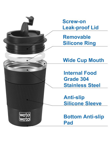 Taza de Café Aislada WETOWETO 12 oz Acero Inoxidable Negro