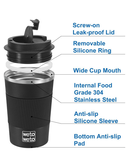 Taza de Café Aislada WETOWETO 12 oz Acero Inoxidable Negro