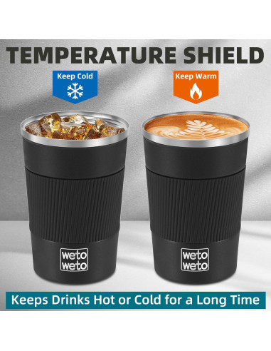 Taza de Café Aislada WETOWETO 12 oz Acero Inoxidable Negro