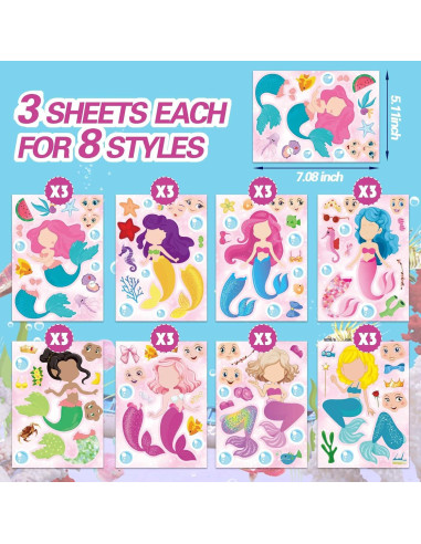 24 Hojas Stickers Sirena DUJAA para Niños y Manualidades