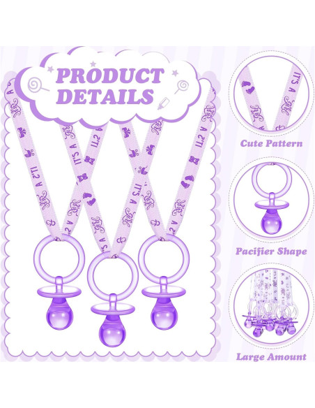 36 Chupetes Acrílicos para Baby Shower Tigeen - Púrpura
