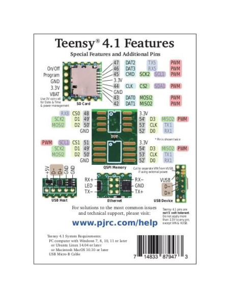 Teensy 4.1 PJRC Procesador ARM Cortex-M7 600MHz Sin Pines