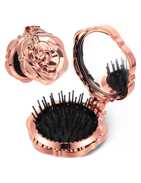 Cepillo de Pelo Compacto Exircy con Espejo - Rosa Mini 7x6cm