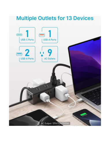 Regleta de Energía con Abrazadera CCCEI 9 Salidas USB-A y C