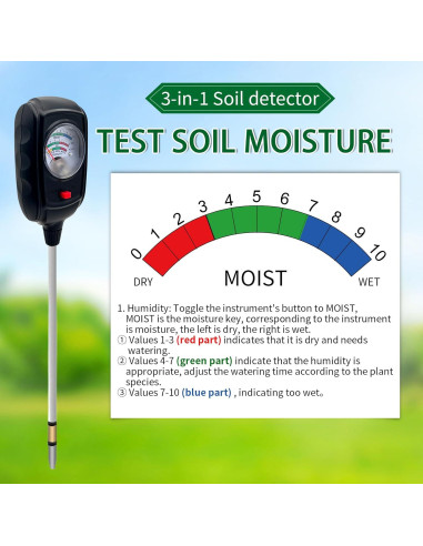 Tester de Suelo 3 en 1 Metellme - Medidor de Humedad, pH y Fertilidad