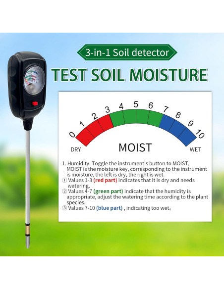 Tester de Suelo 3 en 1 Metellme - Medidor de Humedad, pH y Fertilidad