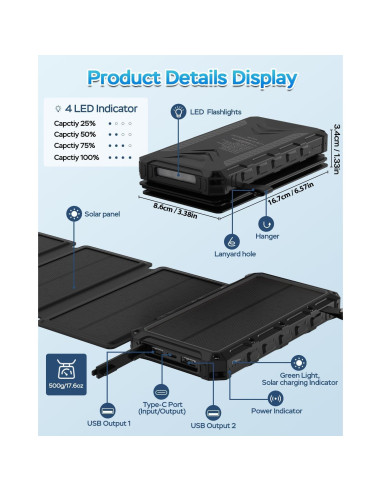 Cargador Solar 20000mAh HDL-519X Carga Rápida 3A 4 Paneles