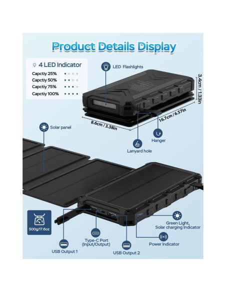 Cargador Solar 20000mAh HDL-519X Carga Rápida 3A 4 Paneles
