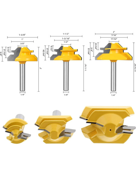 Juego de 3 Fresas de Miter Lock 45 Ozmatip 1/4" (0.64 cm)