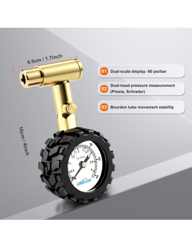 Medidor de Presión de Neumáticos GODESON 0-60 PSI Doble Válvula