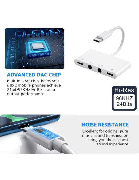 Adaptador USB C a 3.5mm PAReader con carga rápida y audio Hi-Fi