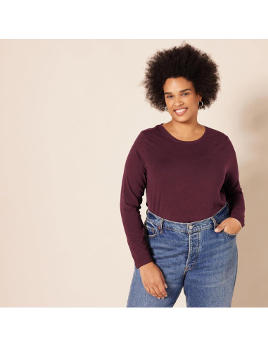 Camiseta de Manga Larga Amazon Essentials Mujer Burdeos X-Pequeño