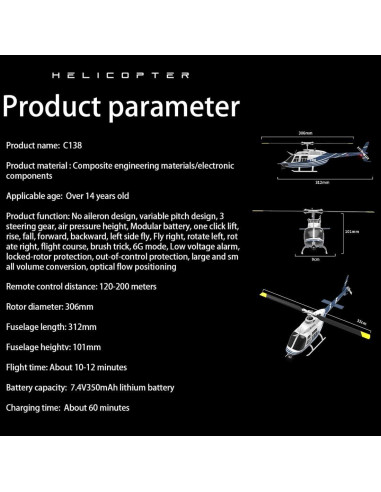 C138 Helicóptero RC OYDL 6CH Giroscopio 306mm RTF