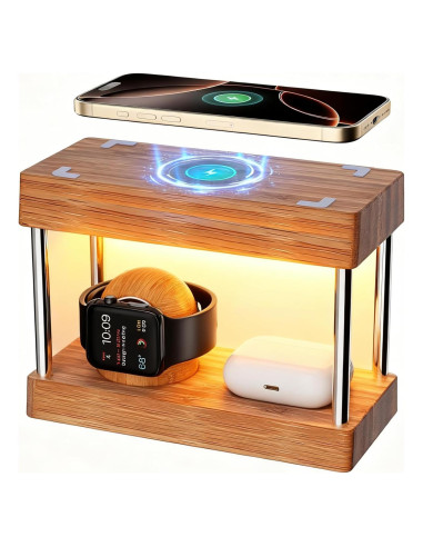 Estación de Carga Inalámbrica de Bambú 4 en 1 con Luz Nocturna