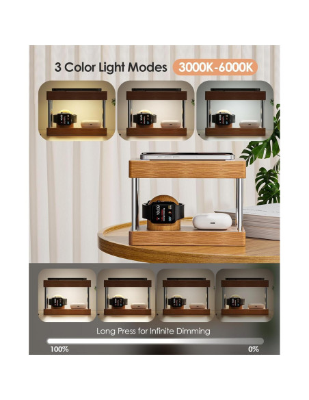 Estación de Carga Inalámbrica de Bambú 4 en 1 con Luz Nocturna